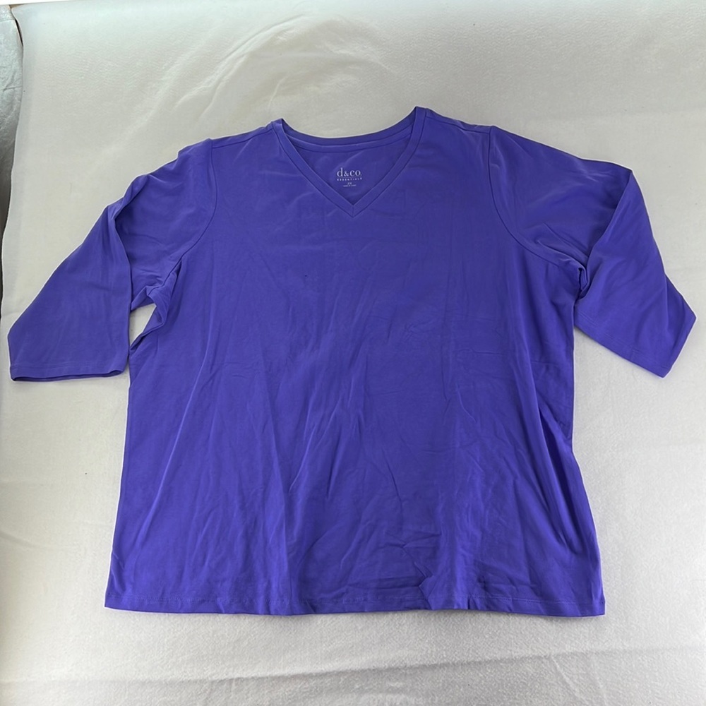 D&Co Essentials 3/4 Sleeve Shirt Blouse V Neck Purple Blue Womens Size 2X